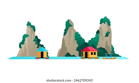 Montañas de mármol - Imagen aislada de estilo moderno de diseño plano. Ilustración detallada de uno de los lugares más famosos del centro de Vietnam en Da Nang. Verano, naturaleza y vacaciones en Asia idea