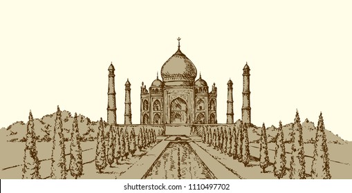 Marble muslim tomb in Agra city, built by Mughal emperor Shah Jahan for his wife Mumtaz. Freehand ink drawn background sketch in art doodle retro style. Panoramic view with space for text on white sky