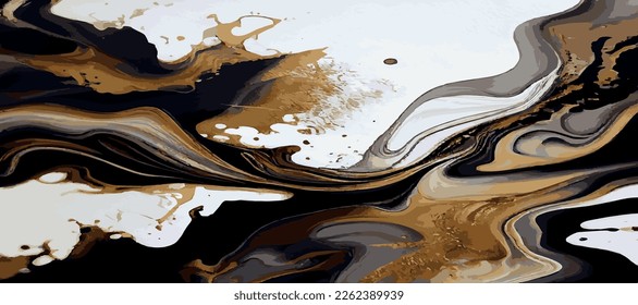 Marble panoramic texture, black gold colored marble surface, curved lines, bright abstract background design - Vector illustration