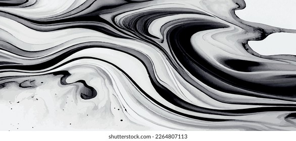 Marble panoramic texture, colorful black and white gray marble surface, curved lines, bright abstract background design - Vector illustration