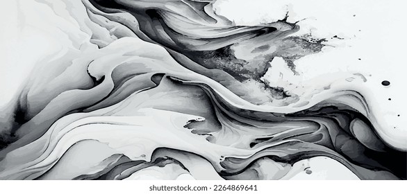 Marble panoramic texture, colorful black and white gray marble surface, curved lines, bright abstract background design - Vector illustration