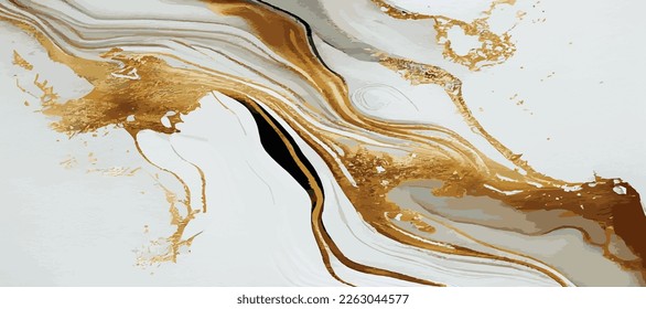 Marble panoramic texture, white gold colored marble surface, curved lines, bright abstract background design - Vector illustration