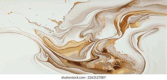 Marble panoramic texture, white gold colored marble surface, curved lines, bright abstract background design - Vector illustration