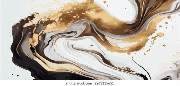 Marble panoramic texture, white gold colored marble surface, curved lines, bright abstract background design - Vector illustration