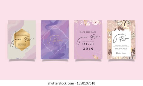 Marble Pastel pink and purple Luxury Wedding Invitation set,  invite thank you, rsvp modern card Design in Golden and white rose with leaf greenery branches  decorative Vector elegant rustic template