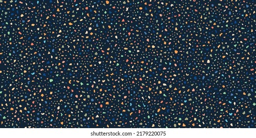 Marble pattern with terrazzo flooring seamless texture. Dark blue classic paving composed of pieces of granite, quartz, glass and stone. Abstract wall background. Retro venetian stone material