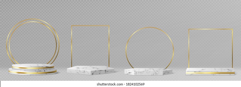 Marble pedestals or podiums with golden frames and decor, round and square borders on geometric empty stages, stone exhibit displays for product presentation, gallery platforms Realistic 3d vector set