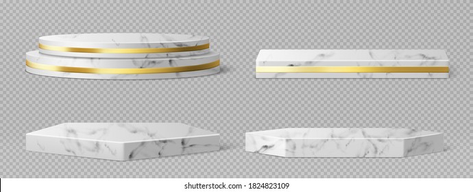 Marble pedestals or podiums with golden frames and decor, round and square borders on geometric empty stages, stone exhibit displays for product presentation, gallery platforms Realistic 3d vector set