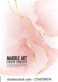 Marble pink background Vector. A;cohol ink golden texture. Acrylic template for wedding, invitation, poster, web banner, greeting card, pattern, wallpaper illustration.