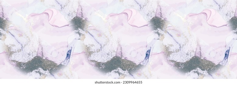 Marble Pink Ink. Violet Water Color Canvas. Purple Marble Art Watercolor. Blue Vector Ink Paint. Lilac Alcohol Ink Watercolor. Modern Seamless Painting Fluid Blue Glitter. Gold Gradient Background.