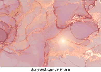Marble pink, violet, gold stone texture. Alcohol ink oriental technique. Abstract vector background. Modern flow paint with glitter. Design template for banner, poster, invitation.