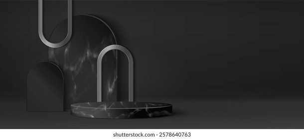 Marble podium with decorative arch structures on dark background. Black round platform with elegant curved elements. Minimalist geometric scene with textured stone surfaces for product presentation.