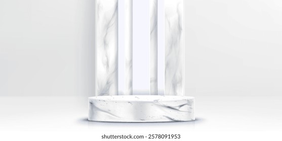 Marble podium with textured cylindrical base and elegant backdrop. Minimalist display space for luxury product presentation. Realistic white stone stage with decorative wall in premium aesthetic.