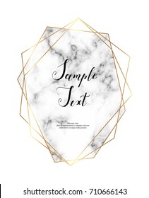 Marble polygonal frame with gold glitter triangles, hexagon, geometric and diamond shapes.