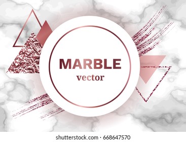 Marble poster template or background in trendy minimalist geometric style with stone, foil, glitter, metallic textures, triangles vector illustration