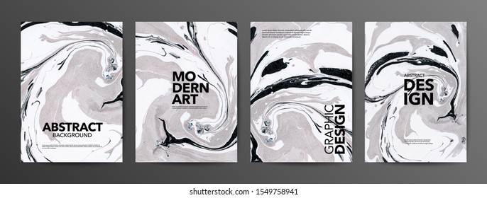 Marble poster templates collection. Gray, white and black modern ink vector texture. Marble effect painting. Applicable for design covers, presentation, invitation, flyers, annual reports, posters