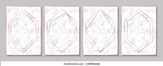 Marble posters with rose gold polygonal frames isolated on grey background. Luxury wedding invitation, business card, poster templates. White porcelain texture.