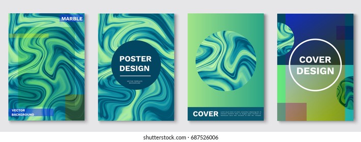 Marble posters set, liquid shapes, waves, fluid pattern, hipster color background, turquoise cover in trendy minimalistic geometric style, stone textures, vector fashion wallpaper, banner, magazine