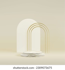 Marble product podium background with tripple golden and white arch. Premium abstract beige vector exhibition template.