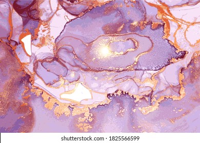 Marble purple and gold stone texture. Alcohol ink technique abstract vector background. Modern luxury paint in natural colors with glitter. Template for banner, poster. Fluid art painting