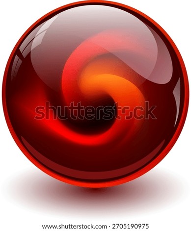 Marble red glass ball with redspiral shape inside, shiny sphere with interesting marble pattern, 3d vector illustration.