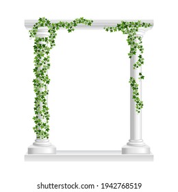 Marble roman arch with columns at green ivy creeper isolated on white background. Temple frame with stone pillars in climbing vine. Realistic 3d vector illustration of crept plants on architecture