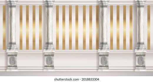 Marble roman pillar background, vector palace wall, golden stripe tapestry, classic column illustration. Luxury Greek room, vintage interior backdrop, architecture decor. Antique pillar background