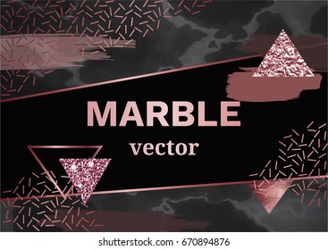 Marble rose background in trendy minimalist geometric style with stone, foil, glitter, metallic textures, triangles, template for poster, invitation, wallpaper