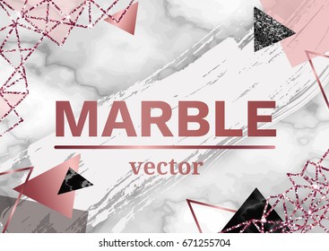Marble rose background in trendy minimalist geometric style with stone, foil, glitter, metallic textures, triangles, template for poster, invitation, wallpaper