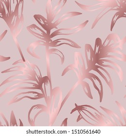Marble rose gold seamless pattern. Fashion elegant abstract texture. Exotic tropic leaves. Jungle background. Trendy tropical design. Modern stylish hand drawn backdrop. Exquisite palm leaves print
