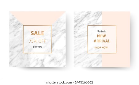 Marble sale template background with gold frame and geometric shape.