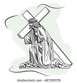 Marble sculpture Jesus Christ, the Son of God wears a cross before crucifixion. Vector illustration
