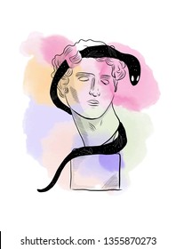 Marble sculpture of man. Greek statue of myth hero. Linear sketching of head. 
