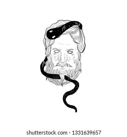 Marble sculpture of man with snake. Greek statue of myth hero. Linear sketching of head. Surreal modern art. 