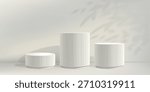 Marble sculpture podium bg, 3d pillar product stand. White pedestal, elegant platform. Pastel cosmetic home stage with plant shadow, exhibition display base. Abstract award set of three cylinders