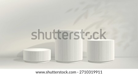 Marble sculpture podium bg, 3d pillar product stand. White pedestal, elegant platform. Pastel cosmetic home stage with plant shadow, exhibition display base. Abstract award set of three cylinders