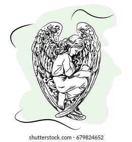 Marble sculpture of a religious sleeping angel child with wings. Sketch