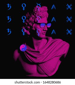 Marble sculpture in sunglasses made in pixel art technique with Dithering effect, Apollo Belvedere bust with alchemical neon symbols around it. Vaporwave and retrowave style collage.