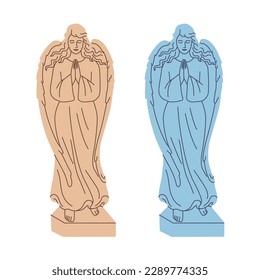 Marble sculptures of religious sorrowful angels vector illustration. Two color statues with wings on a white background. Cartoon flat drawing of angels who folded their hands for prayer