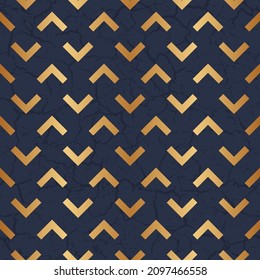 Marble seamless pattern with gold geometric elements. Repeated blue geo background with marble effect for design prints. Repeating golden printed. Golded texture abstract printing. Vector illustration