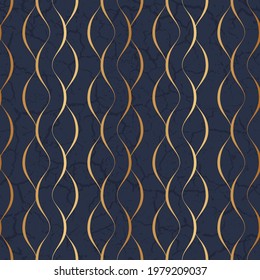 Marble seamless pattern. Gold wavy line. Golden stripes twist on blue background. Abstract texture foil. Elegant patern. Delicate curved swirl. Design gift wrapper, covers, cases, prints. Vector