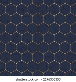 Marble seamless pattern. Reflected hexagon background. Gold geometric design for prints. Reflecting geometry patern. Elegant golden printing. Repeat abstract printed. Blue lattice. Vector illustration