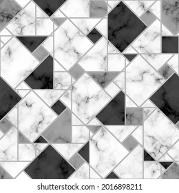 Marble seamless pattern. Repeating white and black marble texture. Geometry floor. Mosaic background for design home print. Repeated elegant geometric pattern. View above laminate. Top tile. Vector