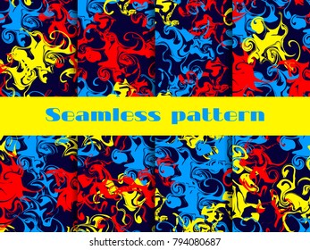 Marble seamless pattern set. Marbled paper watercolor. Drawing on the water. Grunge textures. Mixture of paints. Vector illustration