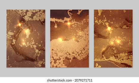 Marble set of fortuna gold and brown backgrounds with texture. Geode pattern with glitter. Abstract vector backdrops in fluid art alcohol ink technique. Modern paint with sparkles for banner, poster