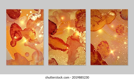 Marble set of gold and amber backgrounds with texture. Geode pattern with glitter. Abstract vector backdrops in fluid art alcohol ink technique. Modern paint with sparkles for banner, poster