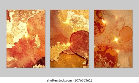 Marble set of gold, amber and dark orange backgrounds with texture. Geode pattern with glitter. Abstract vector backdrops in fluid art alcohol ink technique. Modern paint with sparkles for banner