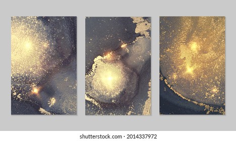 Marble set of gold, blue and dark gray backgrounds with texture. Geode pattern with glitter. Abstract vector backdrops in fluid art alcohol ink technique. Modern paint with sparkles for banner, poster