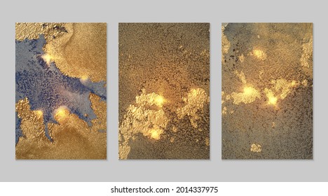 Marble set of gold, bronze and blue backgrounds with texture. Geode pattern with glitter. Abstract vector backdrops in fluid art alcohol ink technique. Modern paint with sparkles for banner, poster