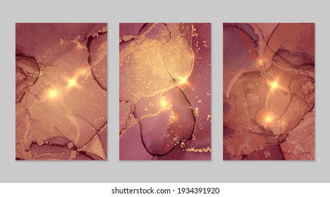Marble set of gold and burgundy backgrounds with texture. Geode pattern with glitter. Abstract vector backdrops in fluid art alcohol ink technique. Modern paint with sparkles for banner, poster